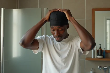 Jeune homme ajustant un wave cap noir sur ses cheveux courts devant un miroir de salle de bain, soin capillaire waves débutant