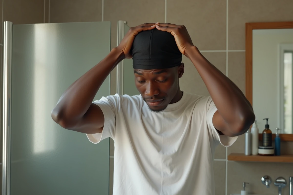 Jeune homme ajustant un wave cap noir sur ses cheveux courts devant un miroir de salle de bain, soin capillaire waves débutant