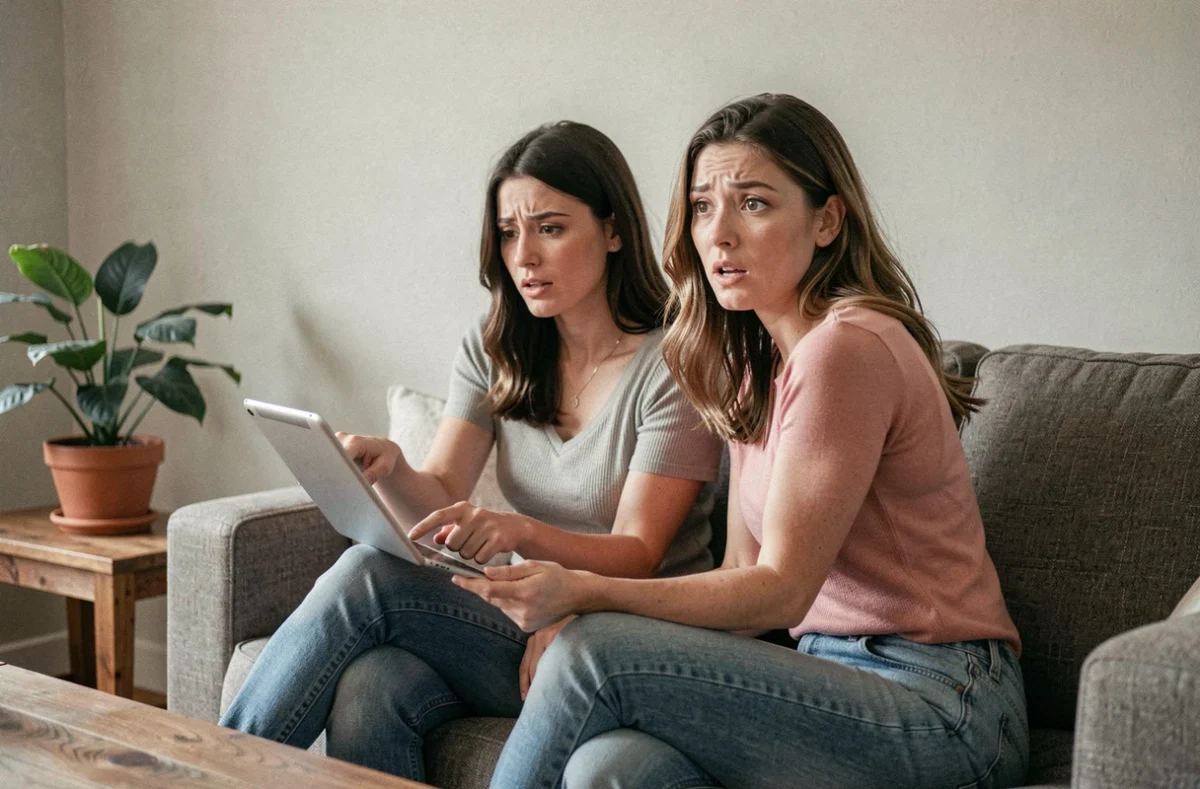 Deux amies découvrant une vente privée ratée sur tablette dans un salon