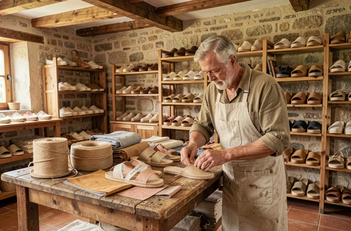 Artisan âgé cousant à la main des espadrilles en jute dans l'atelier-boutique Arsène Espadrilles
