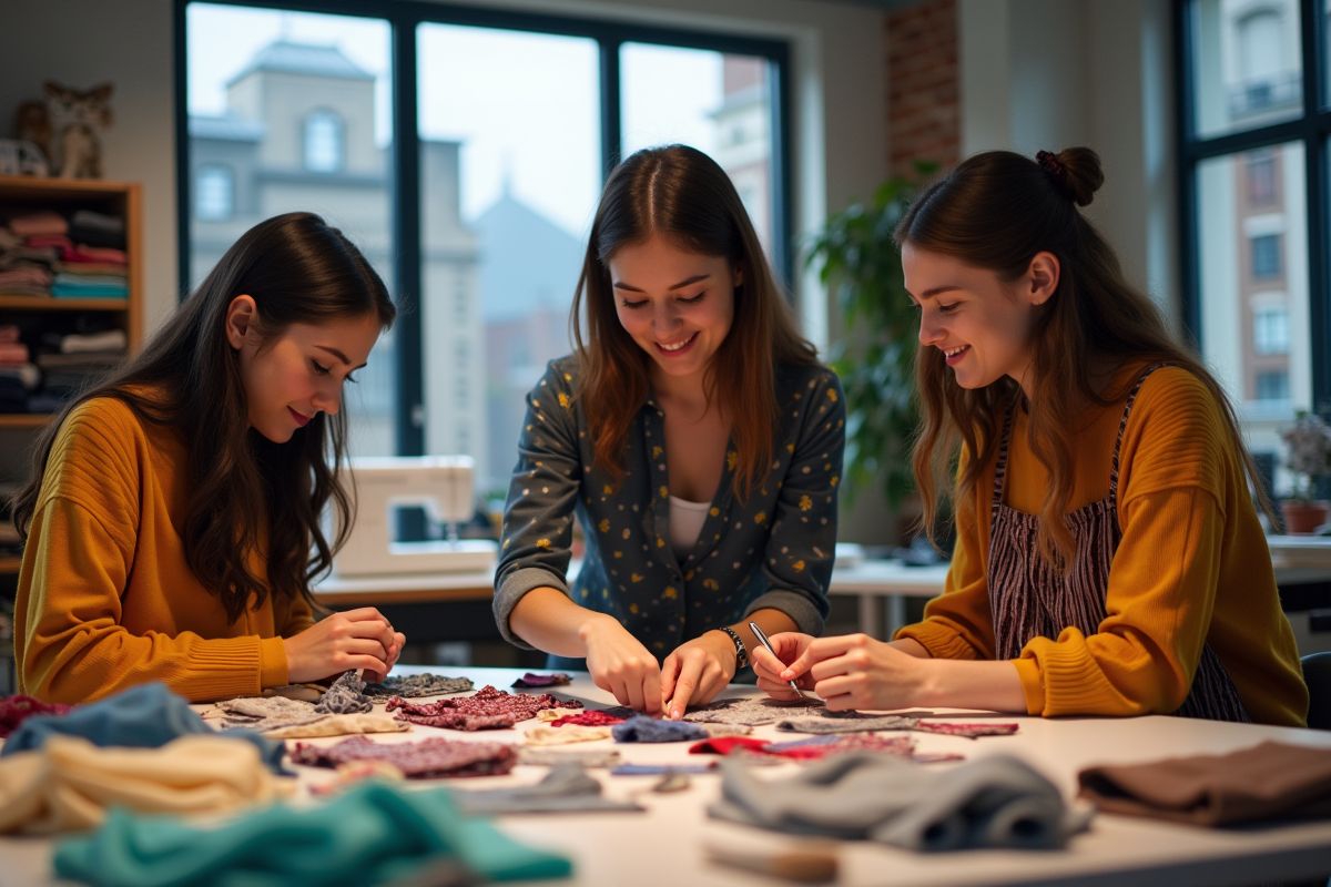 Étudiants créant des vêtements recyclés en studio