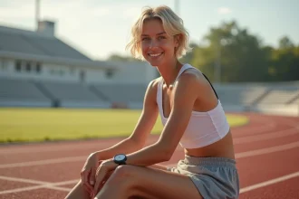 Jeune athlète blonde assise sur la piste en extérieur