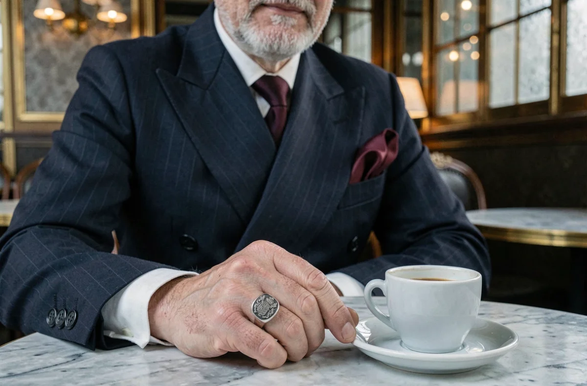 Homme distingué aux cheveux grisonnants portant une bague chevalière en argent gravée au petit doigt dans une brasserie parisienne vintage