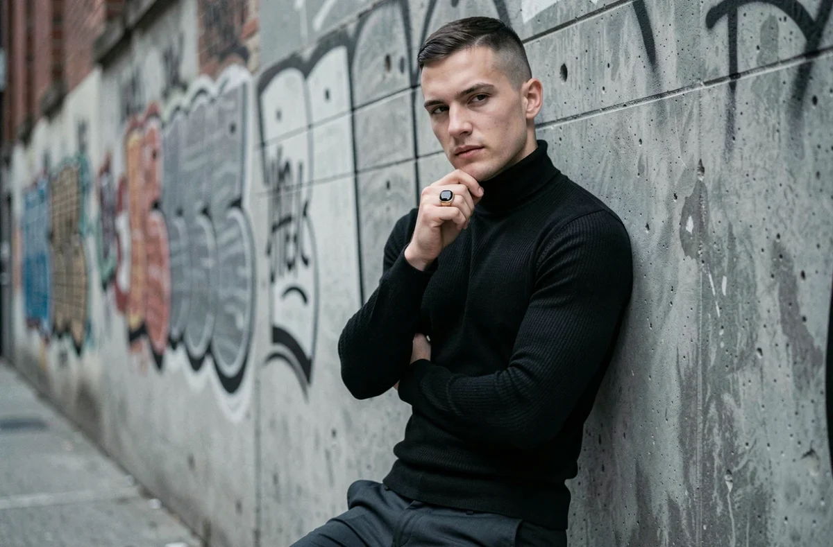 Jeune homme stylé en col roulé noir portant une bague en onyx au petit doigt dans une ruelle urbaine moderne avec mur en béton