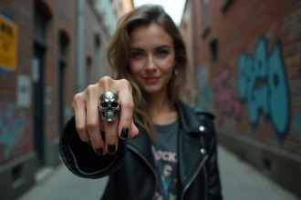 Bague tête de mort en argent portée par une jeune femme en veste en cuir noir dans une ruelle urbaine