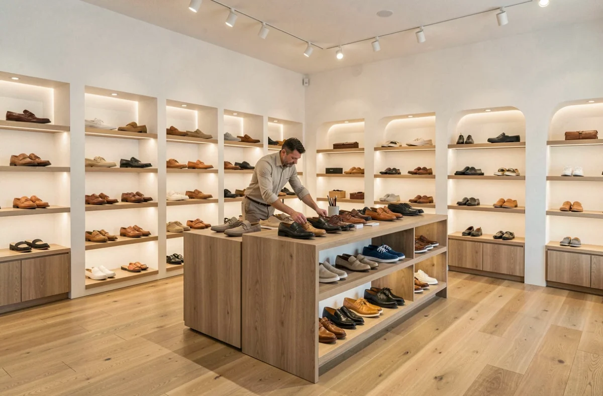 Intérieur contemporain et épuré du magasin de chaussures Bastide à Aytré avec collection cuir sur présentoirs modernes