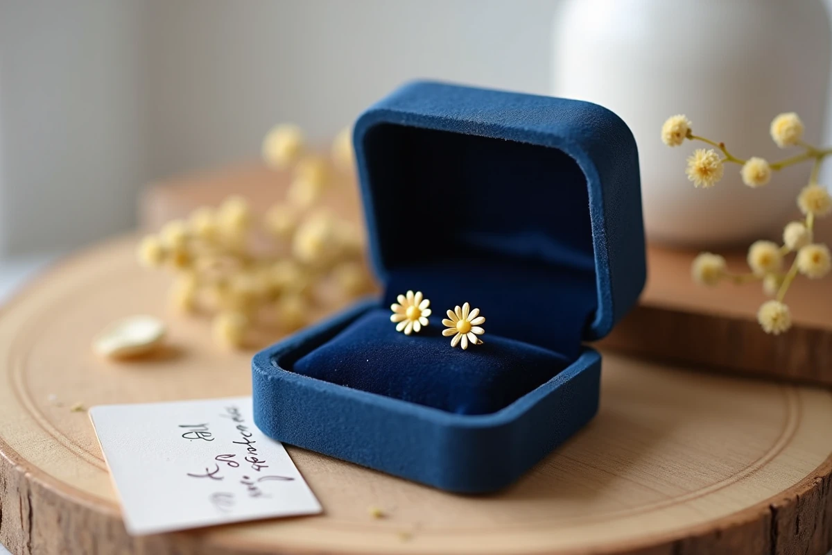 Boucles d'oreilles en or jaune en forme de marguerites dans un écrin bleu marine sur bois clair, idée cadeau premier bijou pour enfant