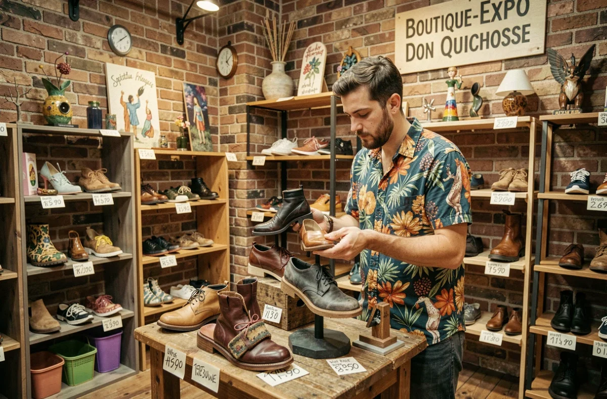 Ambiance artistique et éclectique de la Boutique-Expo Don Quichosse avec ses expositions de chaussures originales