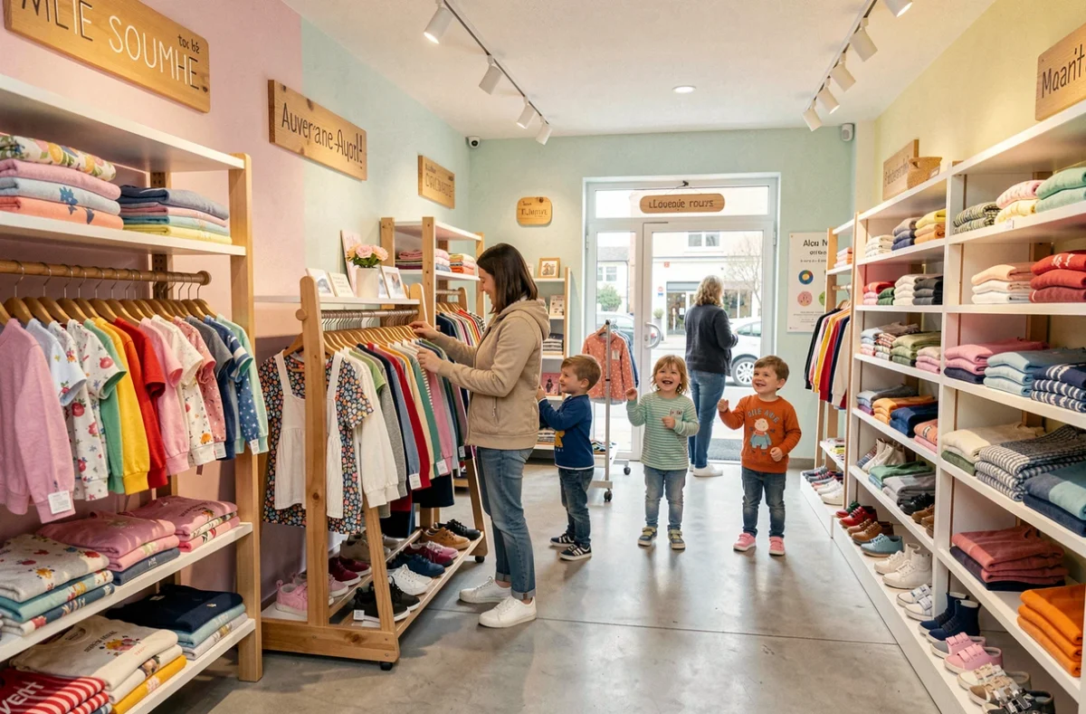 Vue d'ensemble d'une boutique de vêtements pour enfants en Auvergne-Rhône-Alpes avec une famille qui fait ses achats parmi des portants colorés