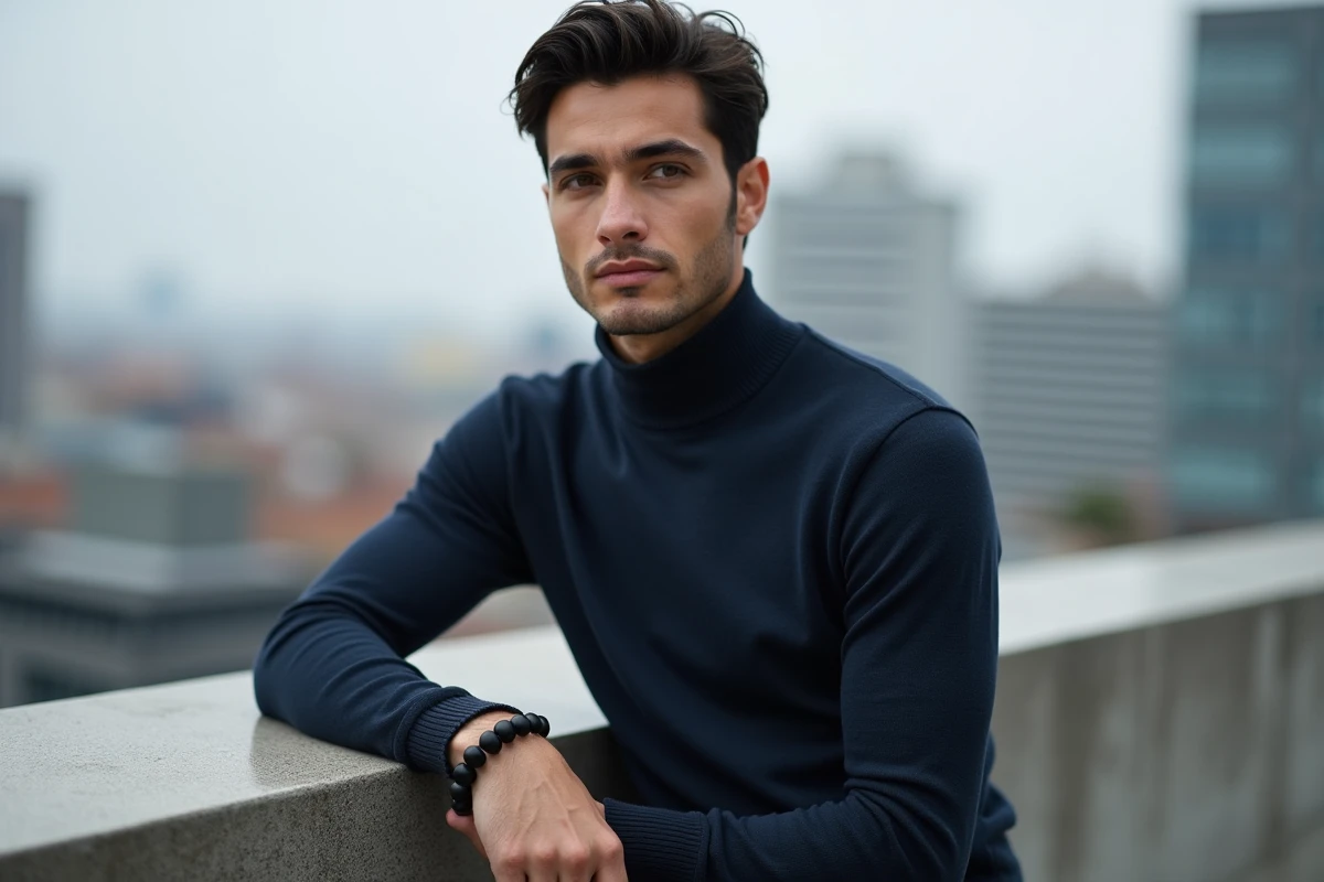 Homme urbain portant un bracelet en onyx noir sur une terrasse de ville moderne
