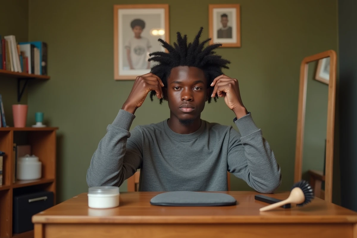 Adolescent brossant ses cheveux avec une brosse à waves avant de mettre un wave cap gris dans sa chambre, technique waves débutant