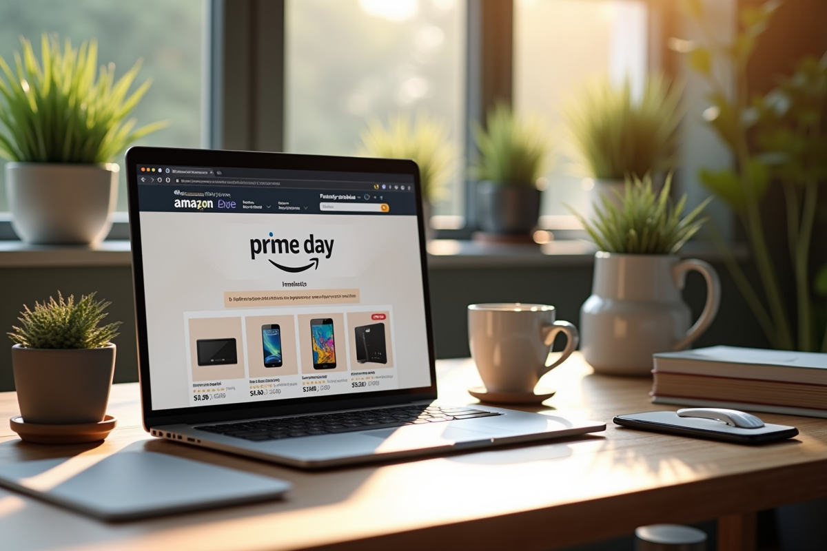 Bureau moderne avec ordinateur affichant offres Prime Day
