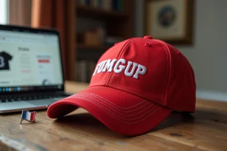 Casquette America Great Again rouge avec broderie blanche posée sur une table en bois avec un drapeau français et un ordinateur portable affichant un site de commande en ligne