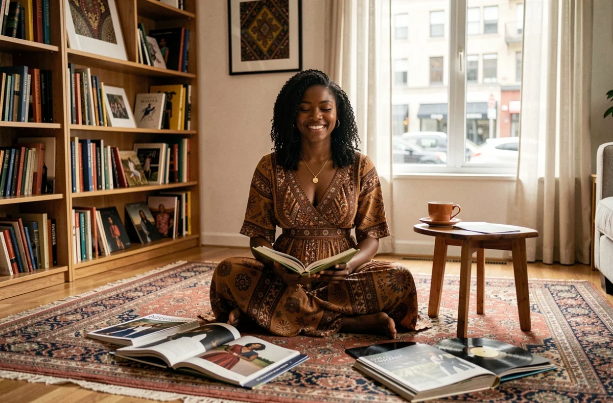 Femme noire en robe boho assise entourée de livres de mode et de vinyles dans un salon décoré de textiles africains