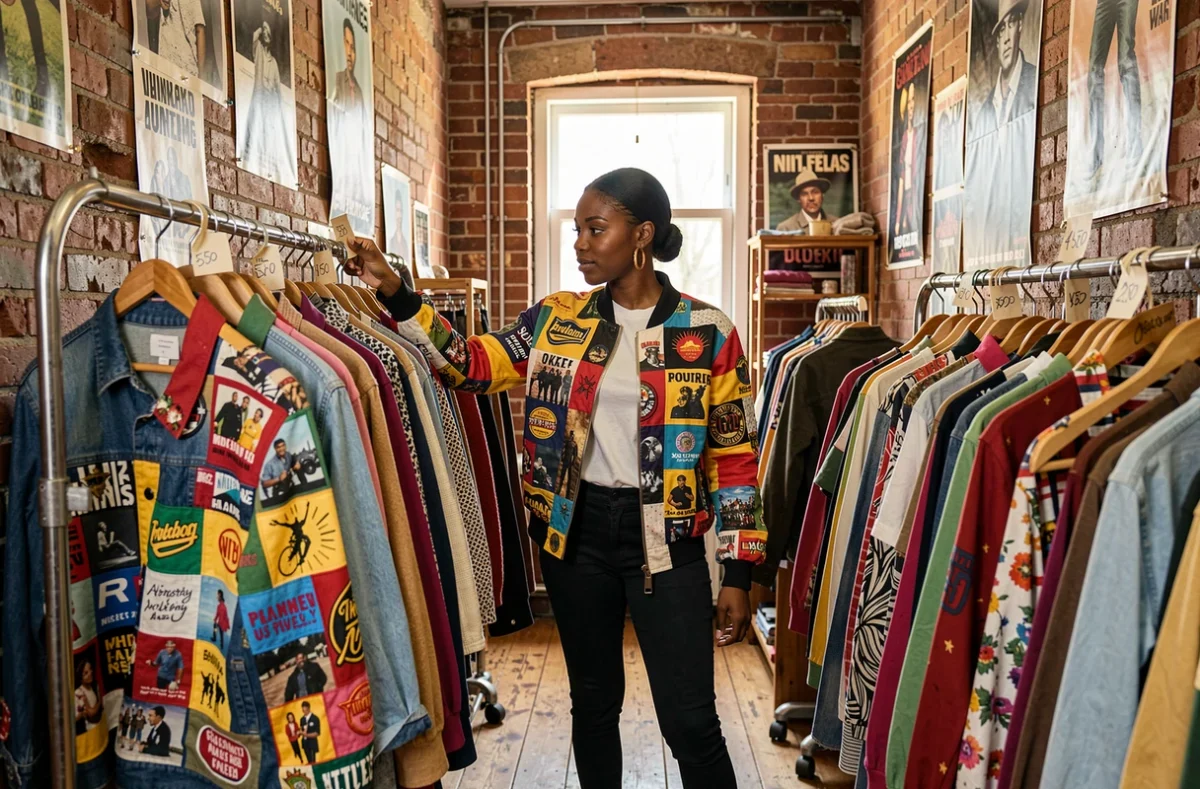 Femme noire portant une veste bomber patchwork dans une friperie vintage aux murs en brique