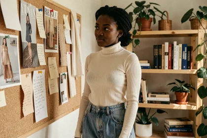 Jeune femme noire en tenue vintage devant un tableau d'inspiration mode dans un studio créatif