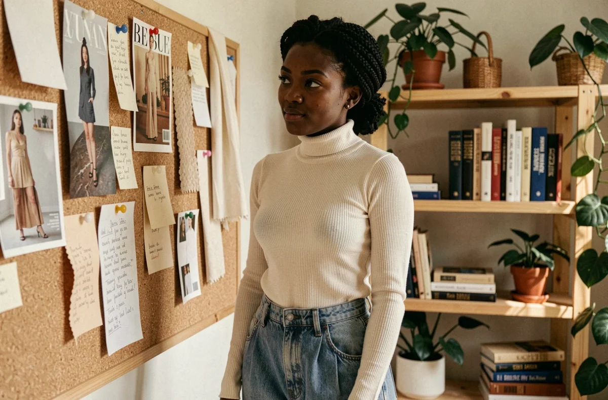 Jeune femme noire en tenue vintage devant un tableau d'inspiration mode dans un studio créatif