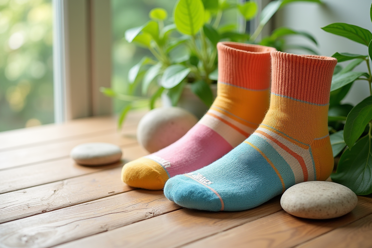 Chaussettes colorées avec feuilles vertes et pierres naturelles