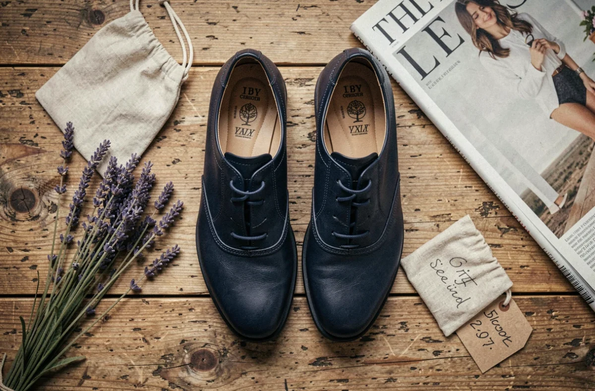 Chaussures Arche en cuir marine en déstockage présentées en flat-lay sur bois rustique