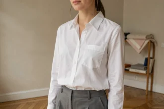 Femme portant un chemisier blanc classique à col pointu et boutonnière, dans un appartement parisien minimaliste