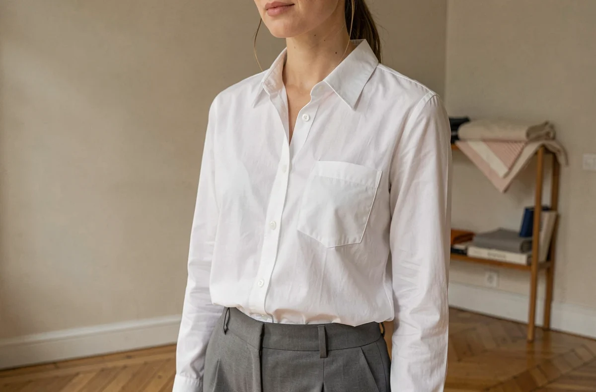Femme portant un chemisier blanc classique à col pointu et boutonnière, dans un appartement parisien minimaliste