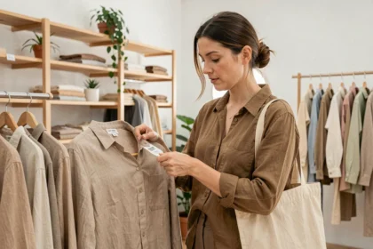 Femme inspectant l'étiquette d'un vêtement éthique en lin dans une boutique de mode responsable aux étagères en bois
