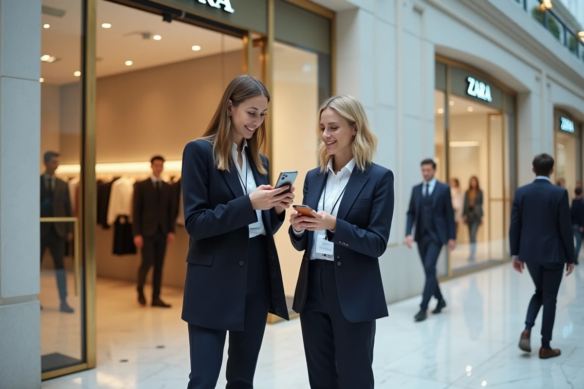 Femme montrant un code de réduction newsletter Zara à une vendeuse devant l'entrée du magasin dans un centre commercial