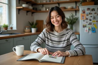Femme souriante collectionneuse de stickers dans sa cuisine