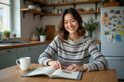 Femme souriante collectionneuse de stickers dans sa cuisine