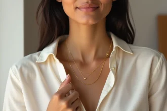 Femme portant un collier plaqué or sur peau brune sans noircissement, gros plan lifestyle minimaliste