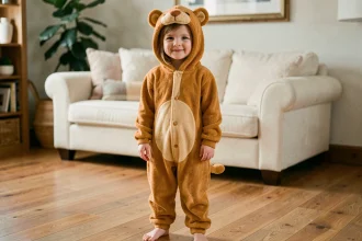 Petite fille portant une combinaison pyjama animal lion en peluche dans un salon cosy