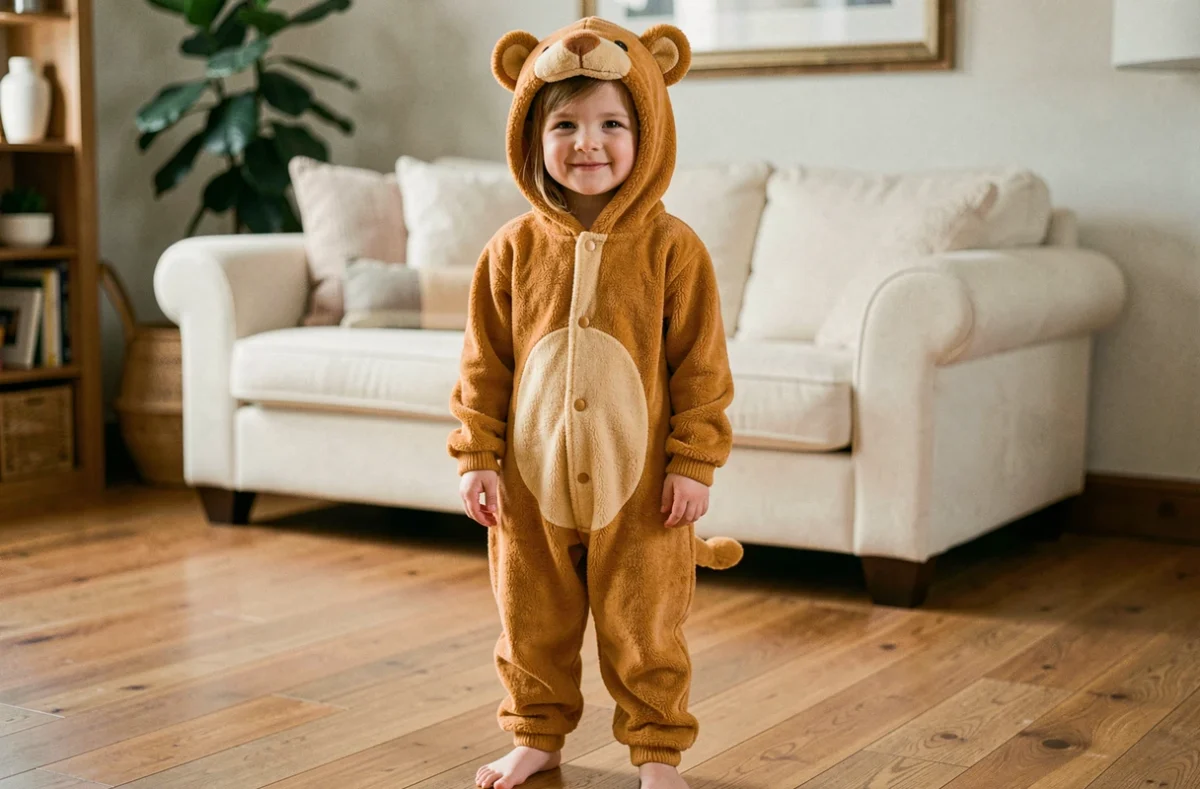 Petite fille portant une combinaison pyjama animal lion en peluche dans un salon cosy