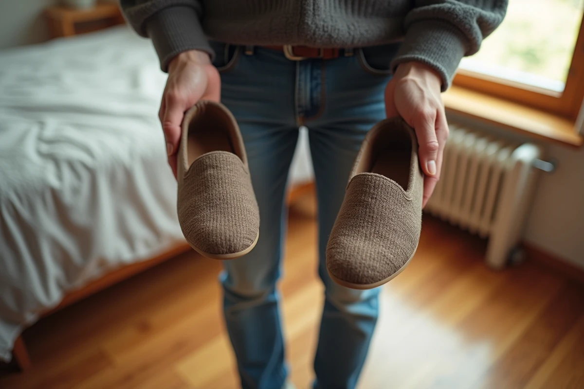 Jeune homme comparant des chaussons en tissu et babouches dans la chambre