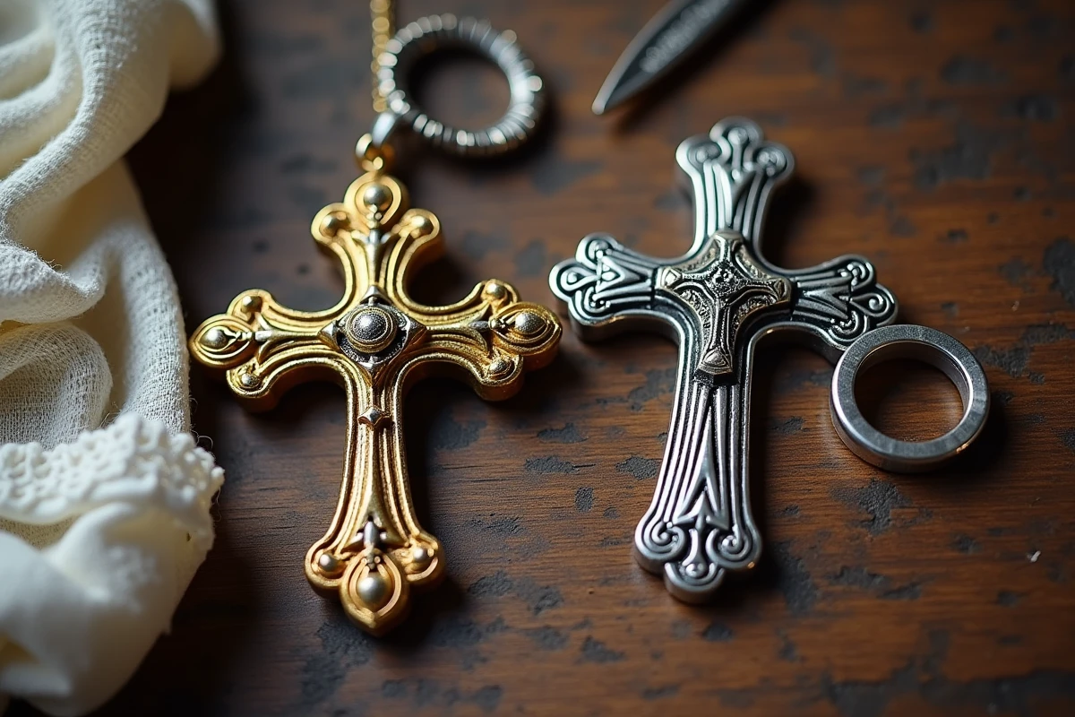 Comparaison entre une croix du Portugal ancienne dorée et une croix moderne en argent brossé posées sur une surface en chêne