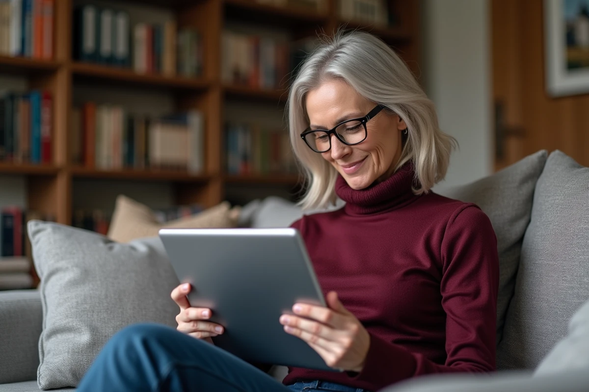 Femme comparant les offres de soldes sur une tablette avant de confirmer sa commande depuis son canapé