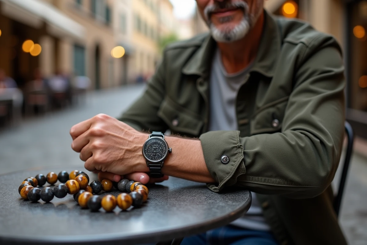 Deux bracelets en pierre naturelle, oeil de tigre et pierre de lave, posés sur le poignet d'un homme en terrasse de café