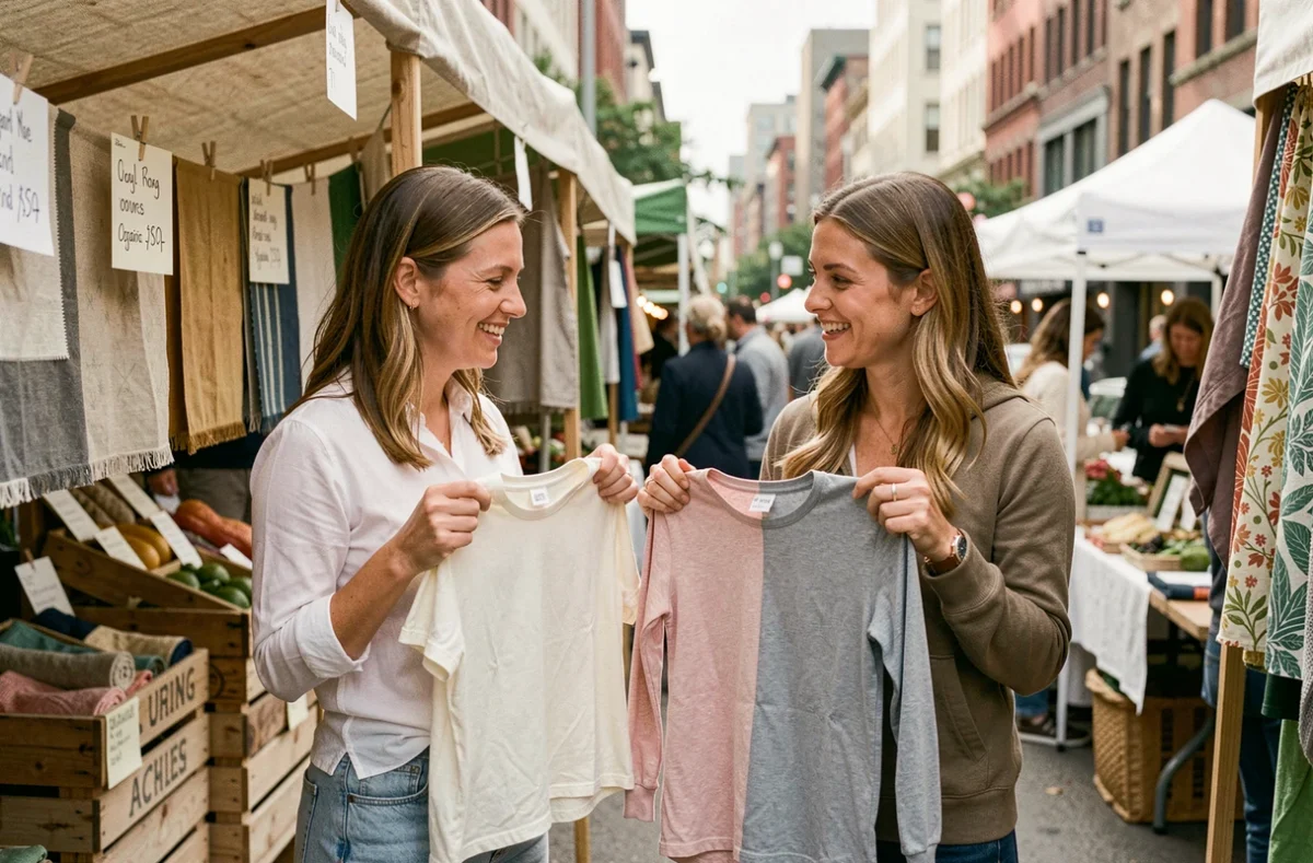 Deux femmes comparant des vêtements éthiques en coton biologique et polyester recyclé lors d'un marché éco-responsable