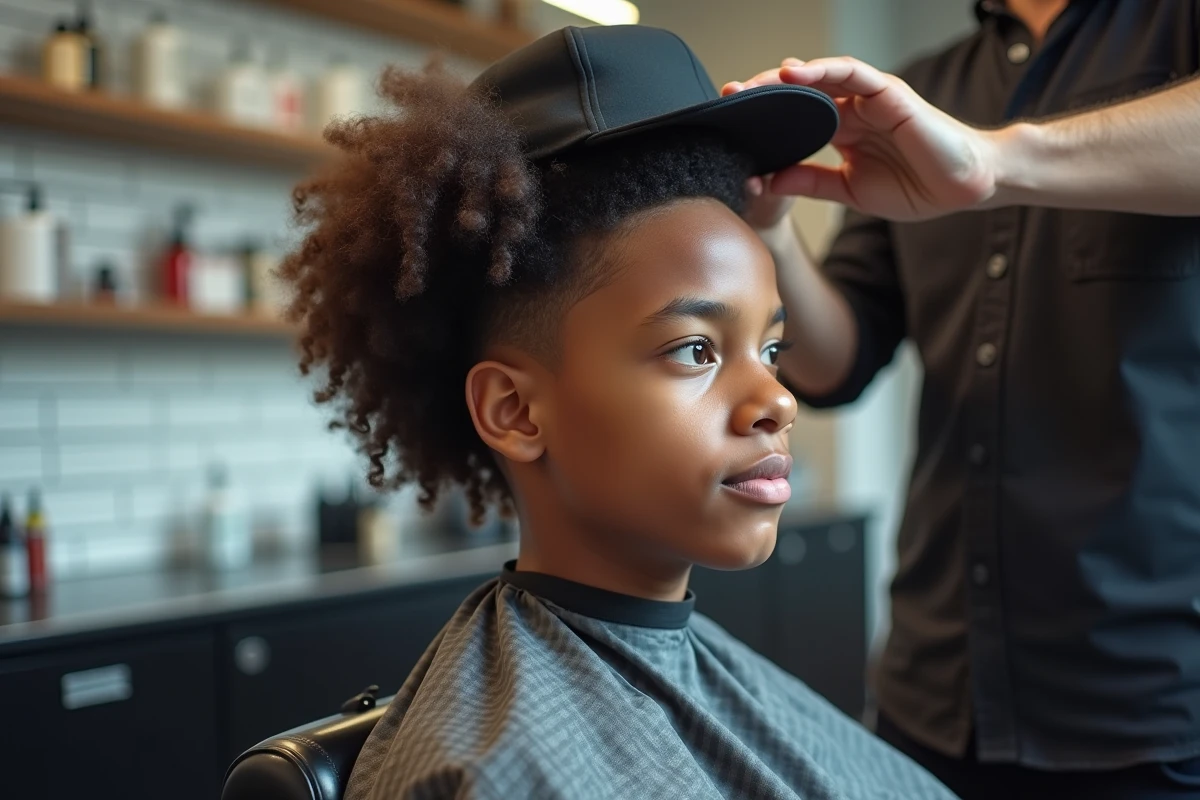 Adolescent aux cheveux bouclés en chaise de barbier avec coupe casquette expliquée par un coiffeur