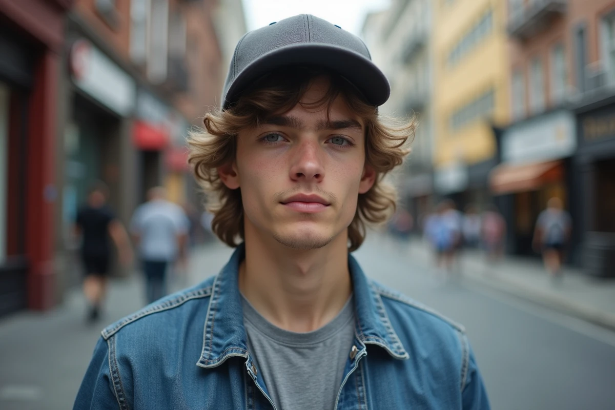 Jeune homme aux cheveux bouclés avec casquette baseball en style streetwear dans une rue urbaine