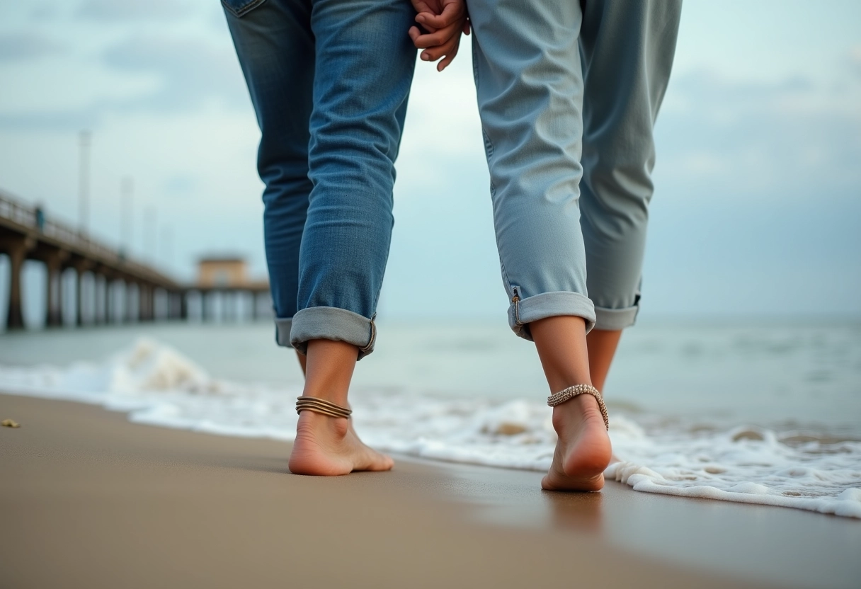 Couple marchant sur la plage avec anklets visibles