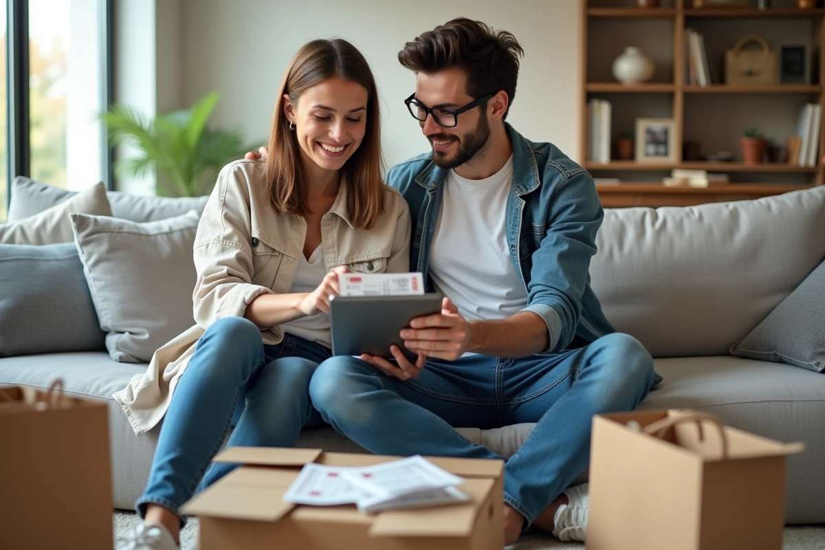 Couple comparant des bons de réduction et remises sur tablette et coupons papier dans un salon pendant une période de grand déstockage