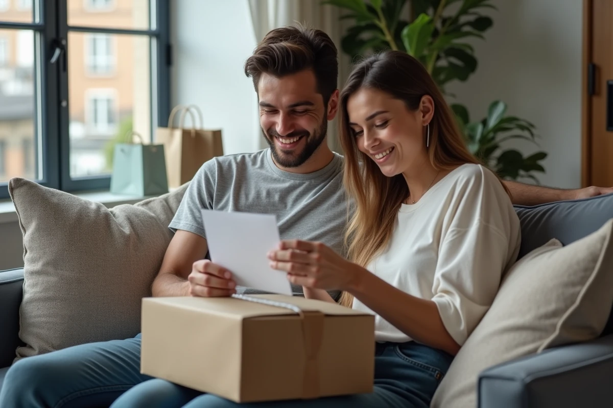 Couple unboxing un colis dans leur salon moderne
