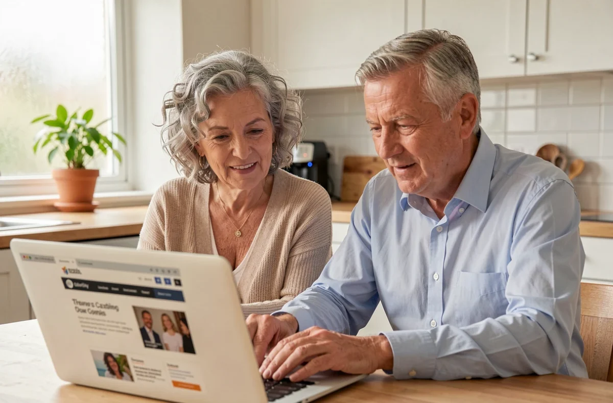 Couple de mannequins seniors consultant une agence de casting en ligne depuis leur cuisine, illustration d'un revenu complémentaire