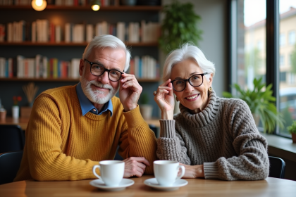 Couple de seniors souriants dans un café cosy avec lunettes modernes