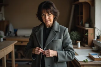 Femme couturiere examine la poche d’un manteau en atelier