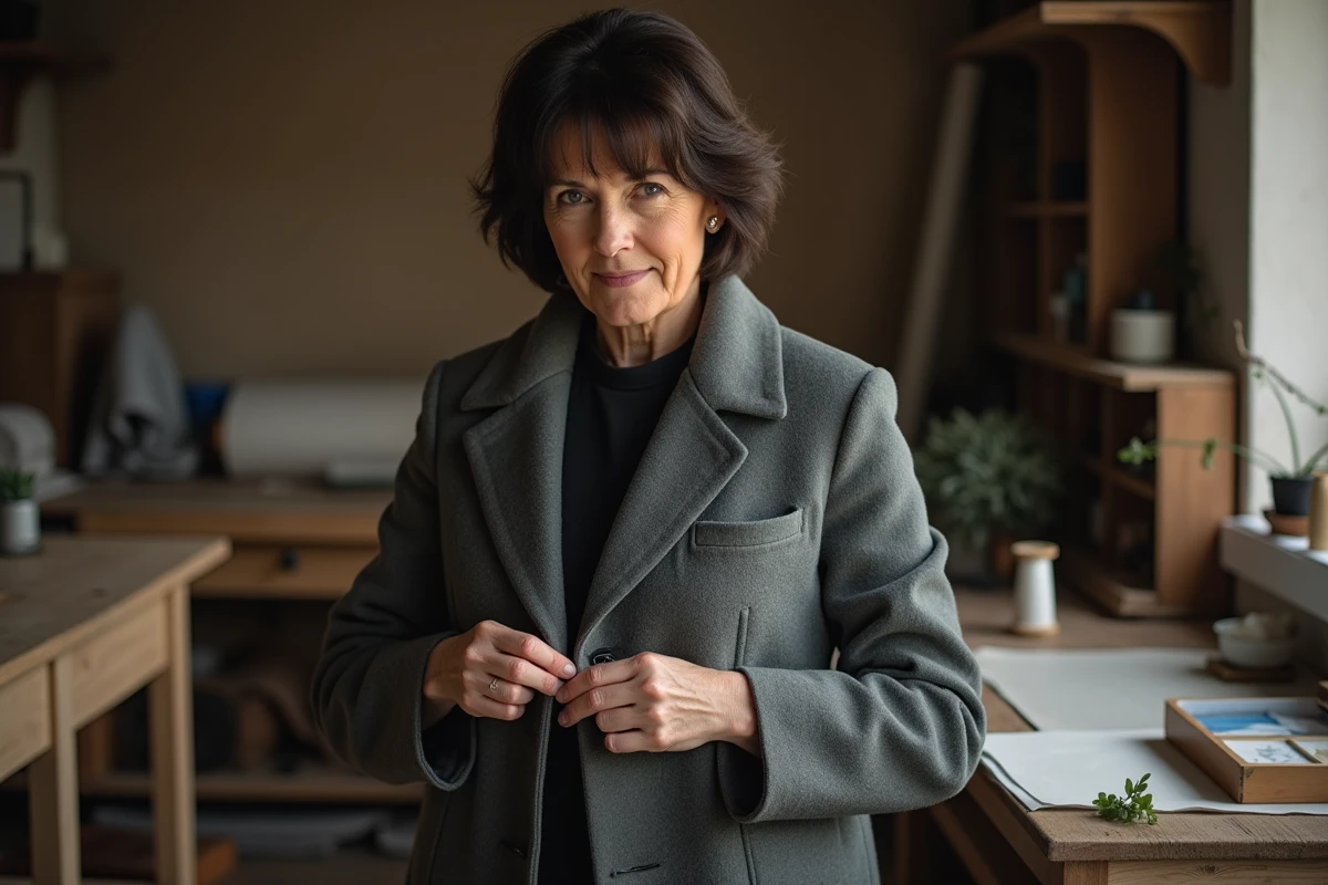 Femme couturiere examine la poche d’un manteau en atelier