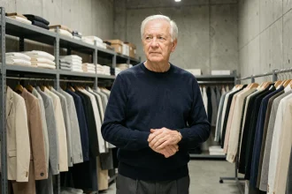 Portrait d'un entrepreneur discret âgé devant des portants de vêtements minimalistes dans un entrepôt de mode, évoquant le créateur de Zara Amancio Ortega