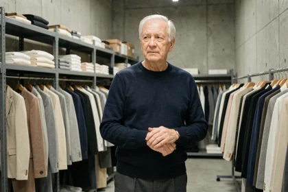 Portrait d'un entrepreneur discret âgé devant des portants de vêtements minimalistes dans un entrepôt de mode, évoquant le créateur de Zara Amancio Ortega