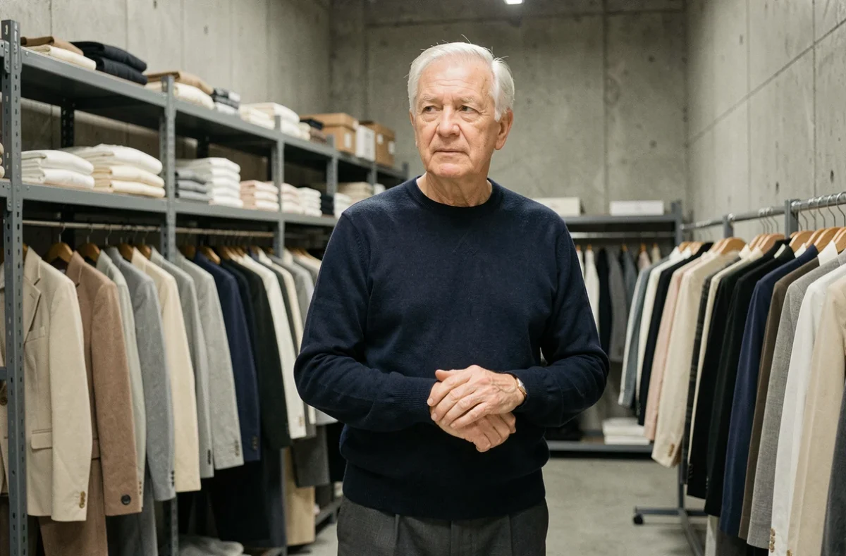 Portrait d'un entrepreneur discret âgé devant des portants de vêtements minimalistes dans un entrepôt de mode, évoquant le créateur de Zara Amancio Ortega