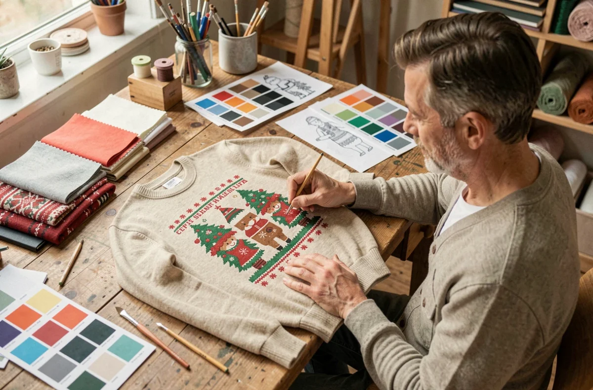 Artisan en atelier examinant le design d'un pull de Noël personnalisable entouré de nuanciers et matières